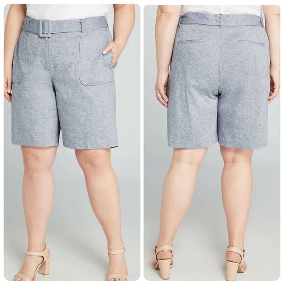 Lane Bryant Linen Blend Gray Blue High Rise Belted Bermuda Shorts Plus Size 26 - Picture 1 of 11